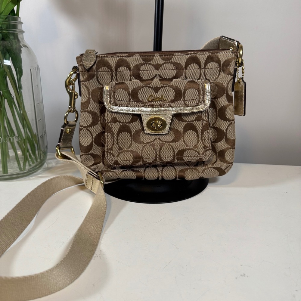 Coach Signature Penelope Turn Lock Monogram Crossbody Bag Khaki Gold Hardware